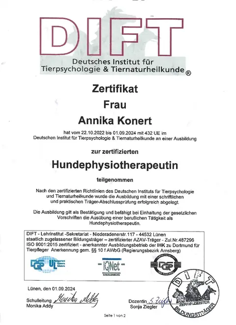 Zertifikat Hundephysiotherapeutin